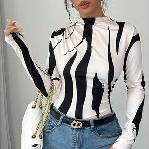 Zebra Striped Print Mock Neck Long Sleeve Shirt